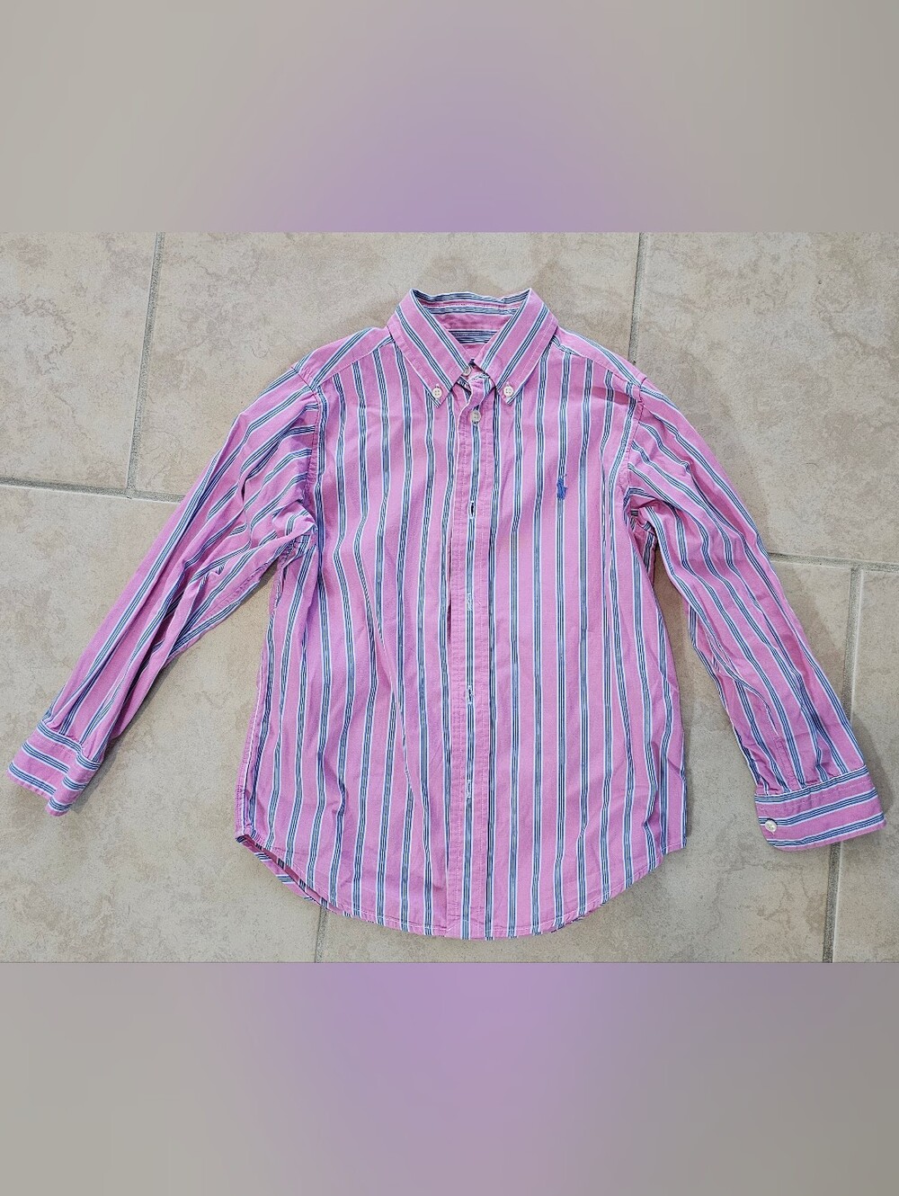 Ralph Lauren Boys Pink Navy Blue Striped Long-Sleeve Cotton Oxford Shirt Size 6